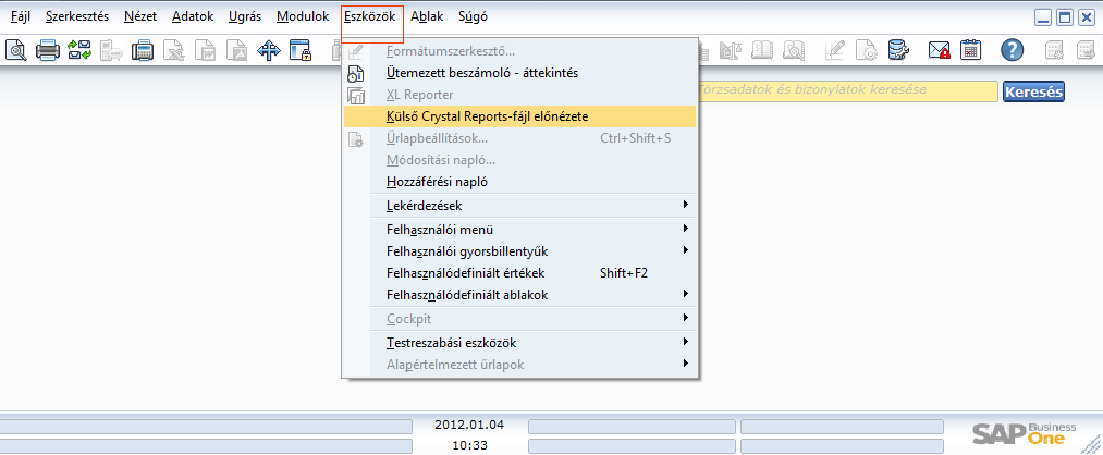 51. ábra: É > Ajánlat/ES: Nyomtatási kép 2 KÜLSŐ CRYSTAL REPORTS-FÁJL ELŐNÉZETE Utasítás elérési útvonala: MS: Eszközök > Külső Crystal Reports-fájl előnézete. Az utasítás (52.