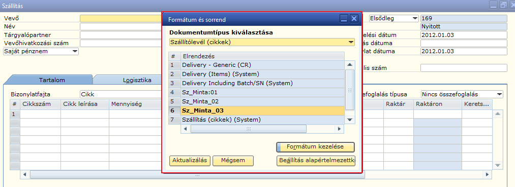 1.1.6 Nyomtatási minta alapértelmezetté tétele Kilépve a nyomtatási mintából visszajutunk a BFK ablakhoz, ahol a Mégsem gombra kattintva megjelenik a Formátum és sorrend ablak, ahol megjelöljük azt a