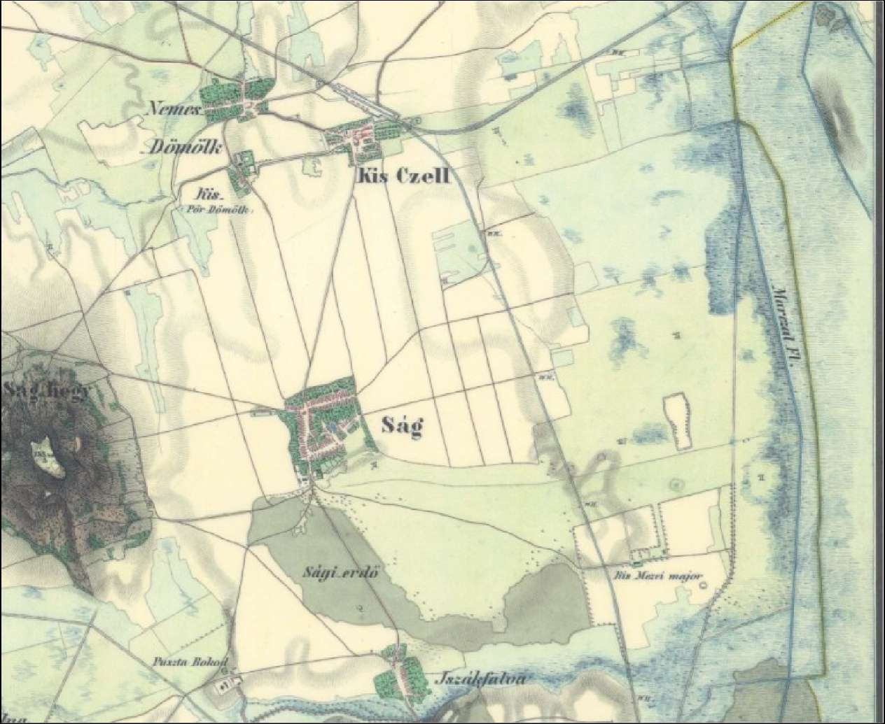 Celldömölk: 1800-as évek közepe: A veszprémi vasútvonaltól keletre összefüggő gyepeket találunk. Alsóság és a Sági erdő között rét húzódik. Kodó mentén és a Cinca bal partján összefüggő gyepterület.