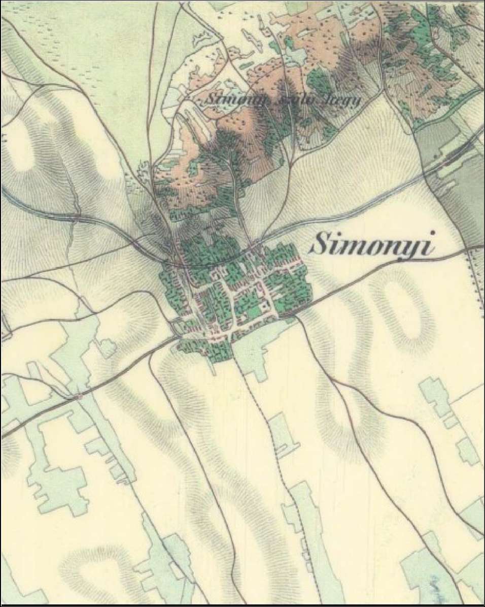Nagysimonyi környéke a II. katonai felmérés idején Kem enesm ihályfa: 1800-as évek közepe: A Kemenesháton összefüggő legelő volt, a falutól délre keskeny rétterületek húzódtak a Cincáig.