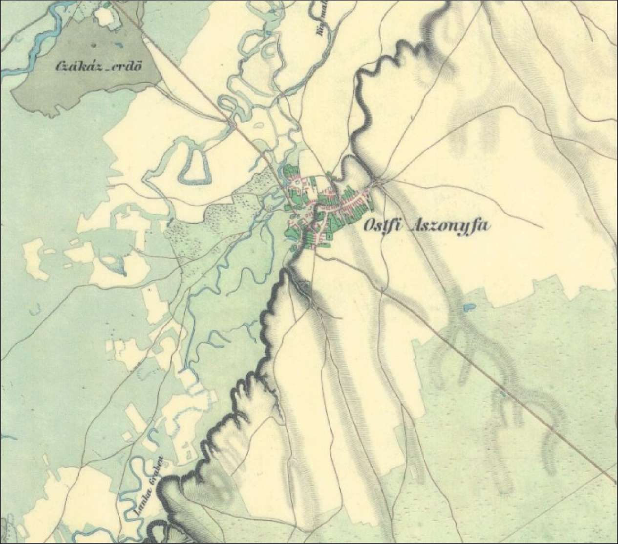 Ostffyasszonyfa környéke a II. katonai felmérés idején Csönge: 1800-as évek közepe: A Ragyogó híd felett a Rába jobb partja mentén több kis erdőfolt volt. A Rábán a Dömölki malom" működött.