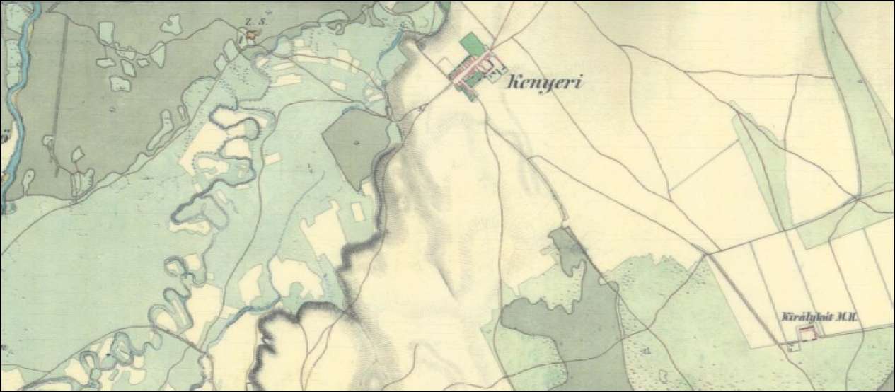 Csönge környéke a II. katonai felmérés idején Kenyeri: 1800-as évek közepe: A falu alatt Rábáig összefüggő nagy erdő a Kecskédi erdő" volt, több tisztással tűzdelve.