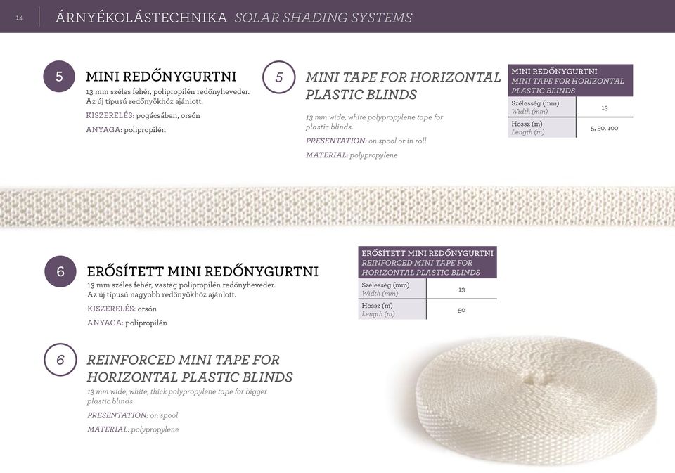 Presentation: on spool or in roll Material: polypropylene MINI REDŐNYGURTNI MINI TAPE FOR HORIZONTAL PLASTIC BLINDS Szélesség (mm) 1 Width (mm) 5, 50, 100 6 ERŐSÍTETT MINI REDŐNYGURTNI 1 mm széles