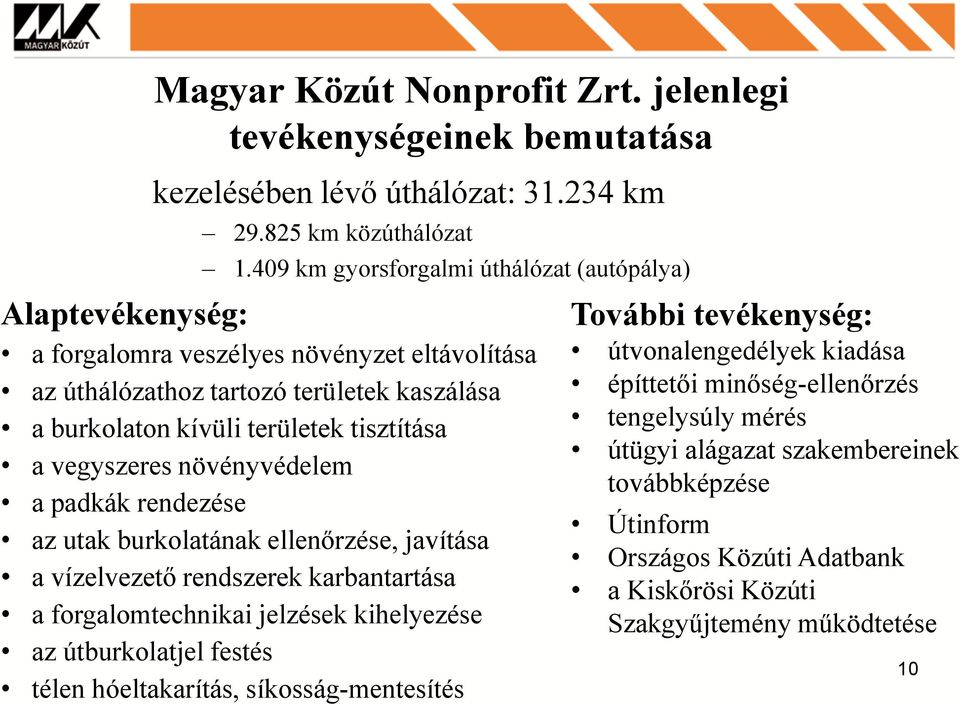 vegyszeres növényvédelem a padkák rendezése az utak burkolatának ellenőrzése, javítása a vízelvezető rendszerek karbantartása a forgalomtechnikai jelzések kihelyezése az útburkolatjel festés