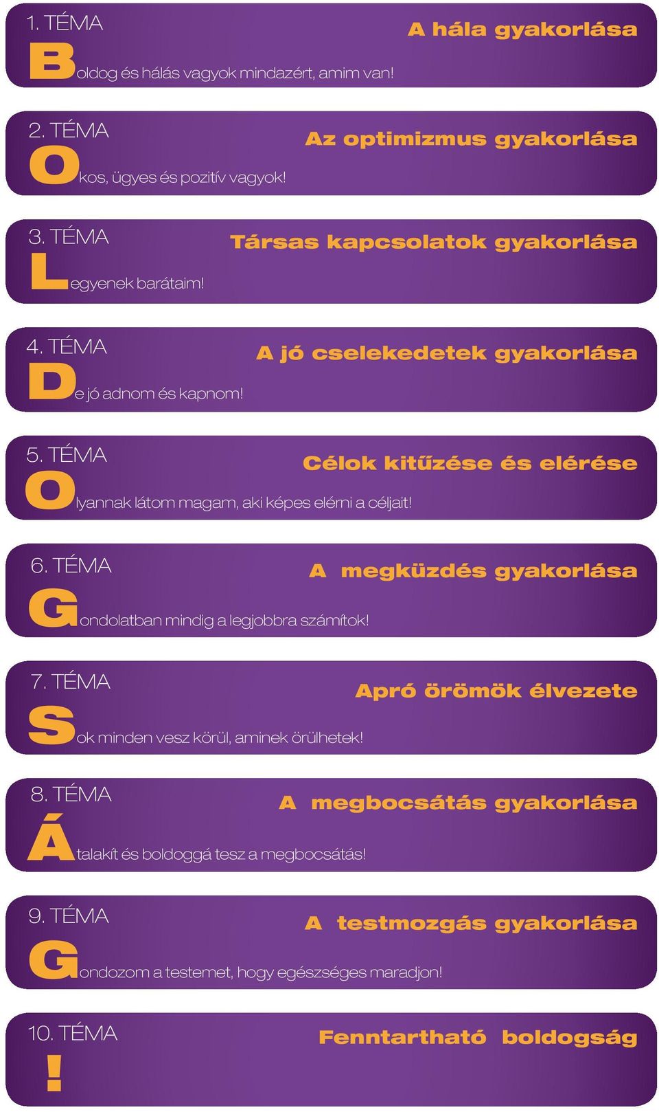 TÉMA G lyannak látom magam, aki képes elérni a céljait! ondolatban mindig a legjobbra számítok! ok minden vesz körül, aminek örülhetek!