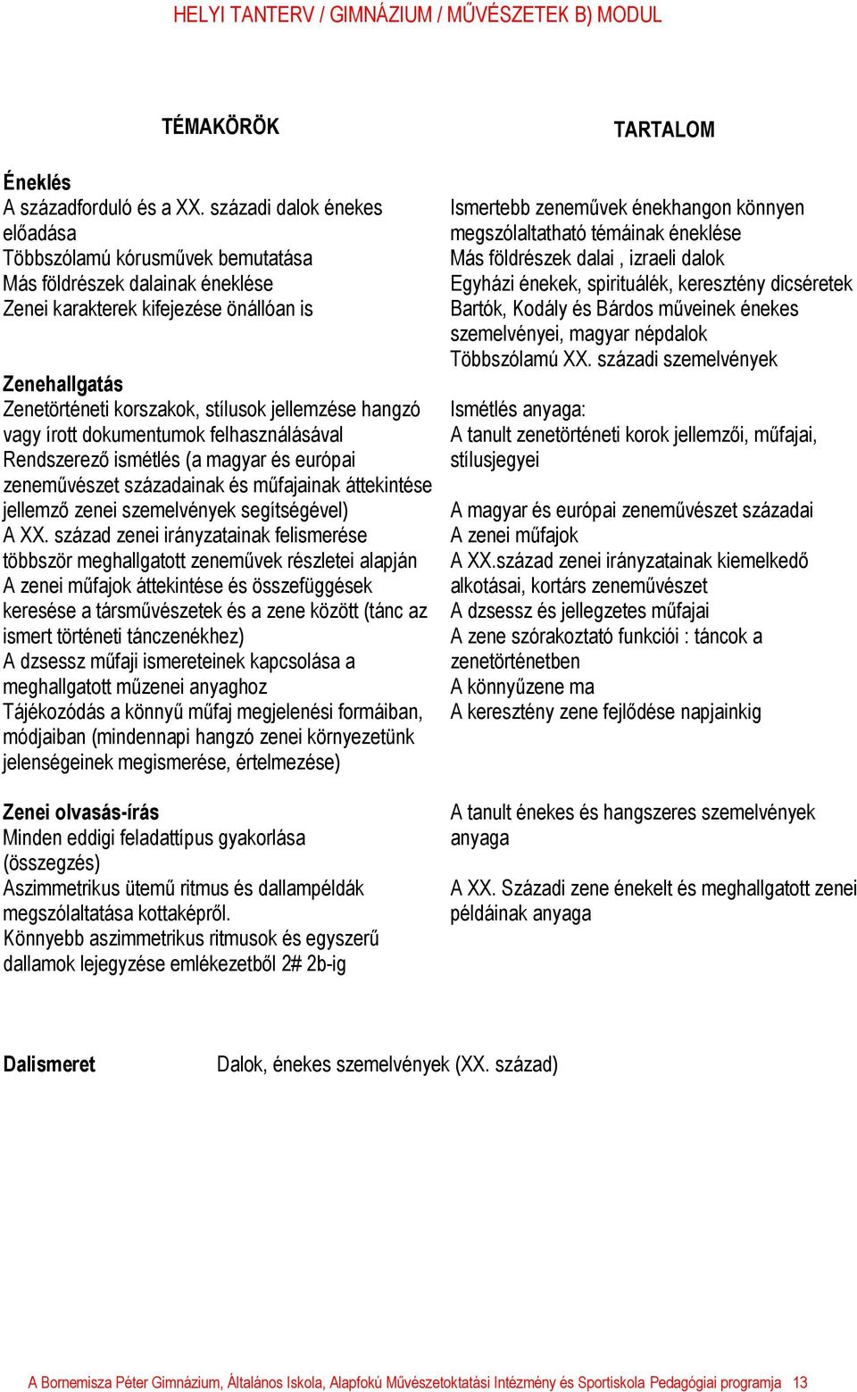 dokumentumok felhasználásával Rendszerező ismétlés (a magyar és európai zeneművészet századainak és műfajainak áttekintése jellemző zenei szemelvények segítségével) A XX.