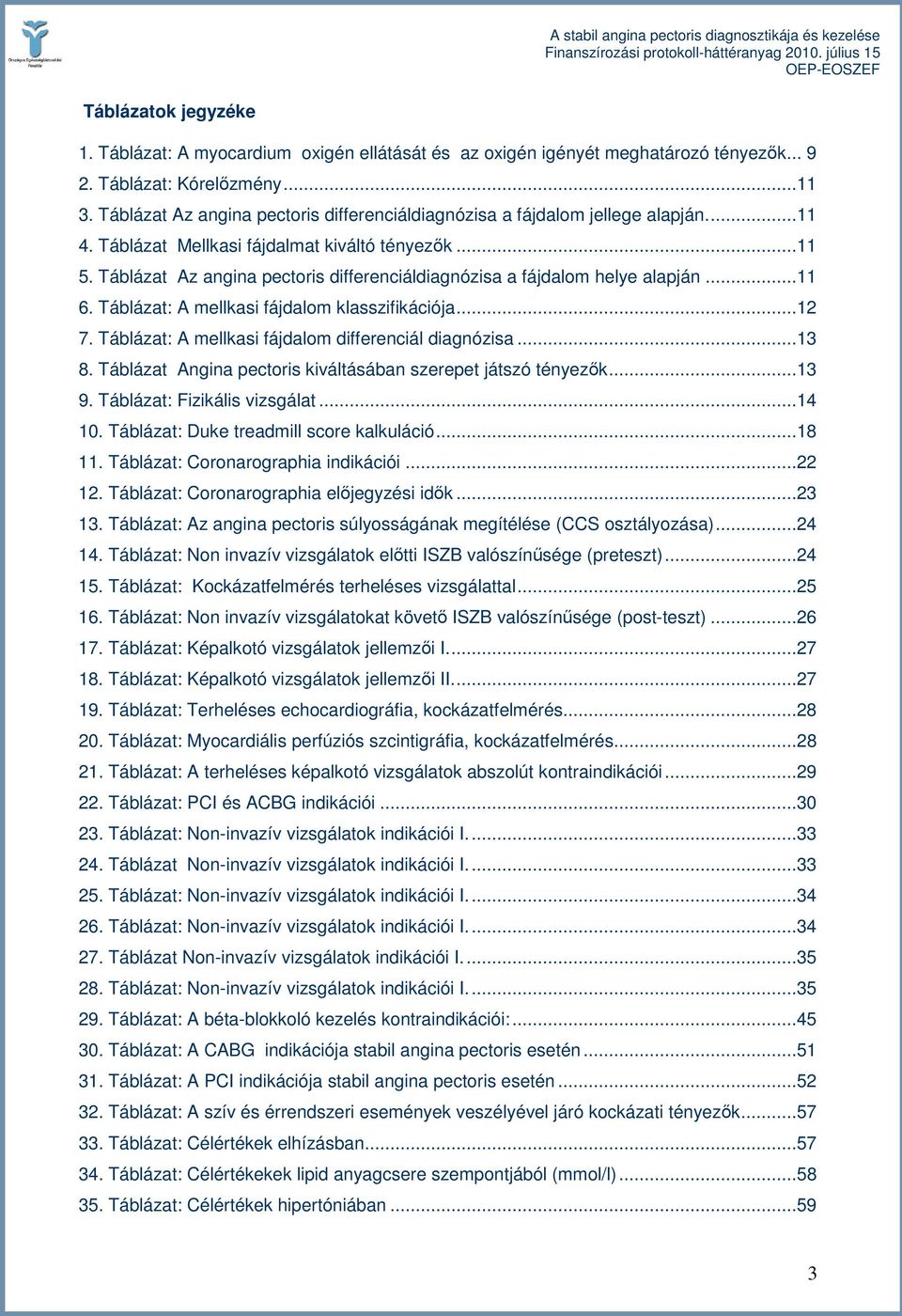 Táblázat Az angina pectoris differenciáldiagnózisa a fájdalom helye alapján...11 6. Táblázat: A mellkasi fájdalom klasszifikációja...12 7. Táblázat: A mellkasi fájdalom differenciál diagnózisa...13 8.