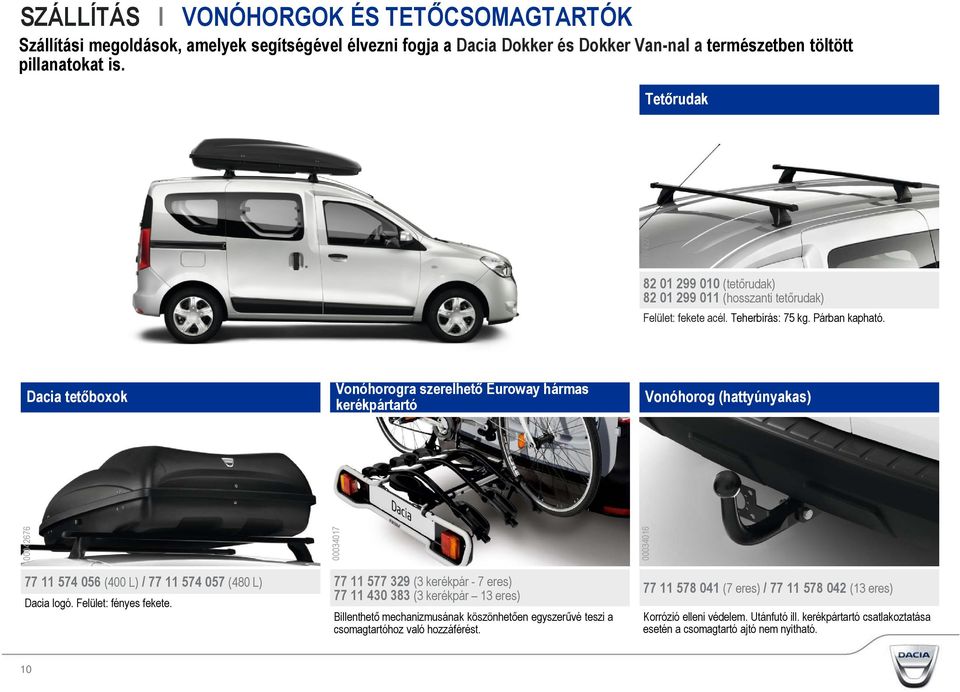 Dacia tetőboxok Vonóhorogra szerelhető Euroway hármas kerékpártartó Vonóhorog (hattyúnyakas) 00042676 00034017 00034016 77 11 574 056 (400 L) / 77 11 574 057 (480 L) Dacia logó.