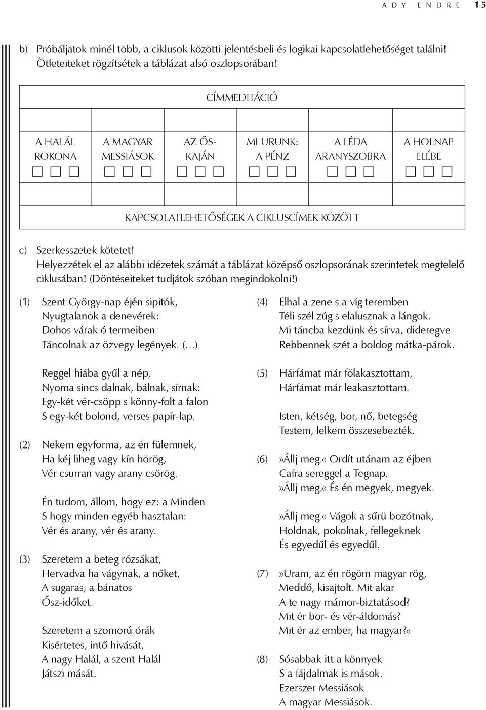 Helyezzétek el az alábbi idézetek számát a táblázat középső oszlopsorának szerintetek megfelelő ciklusában! (Döntéseiteket tudjátok szóban megindokolni!
