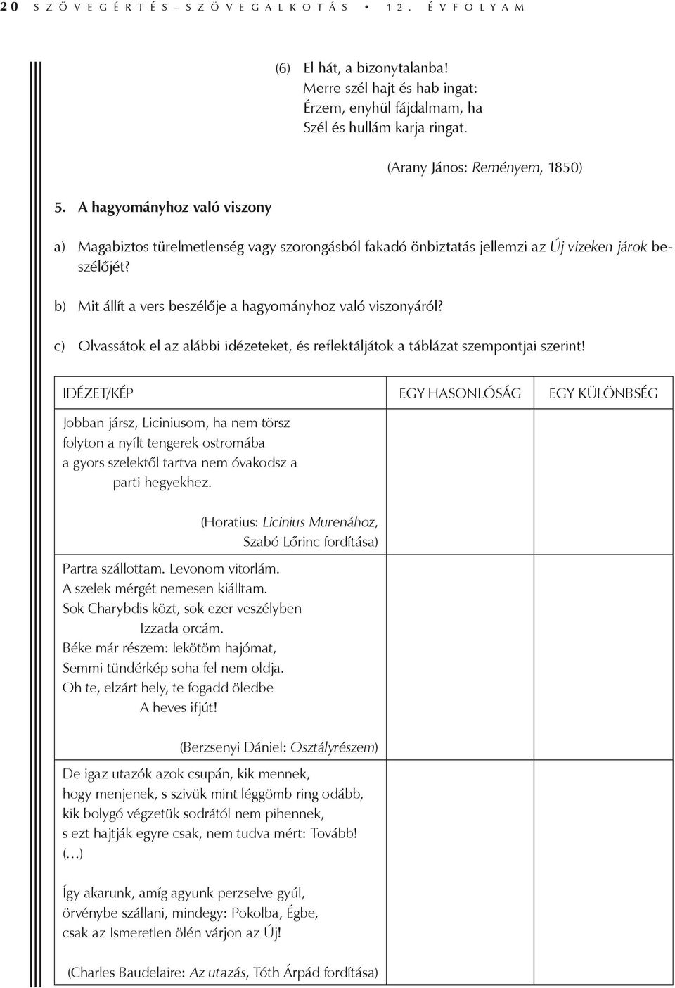 (Arany János: Reményem, 1850) a) Magabiztos türelmetlenség vagy szorongásból fakadó önbiztatás jellemzi az Új vizeken járok beszélőjét? b) Mit állít a vers beszélője a hagyományhoz való viszonyáról?