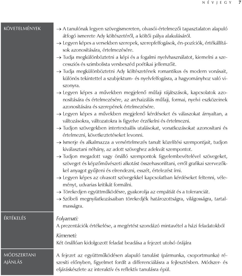 Tudja megkülönböztetni a képi és a fogalmi nyelvhasználatot, kiemelni a szecessziós és szimbolista versbeszéd poétikai jellemzőit.