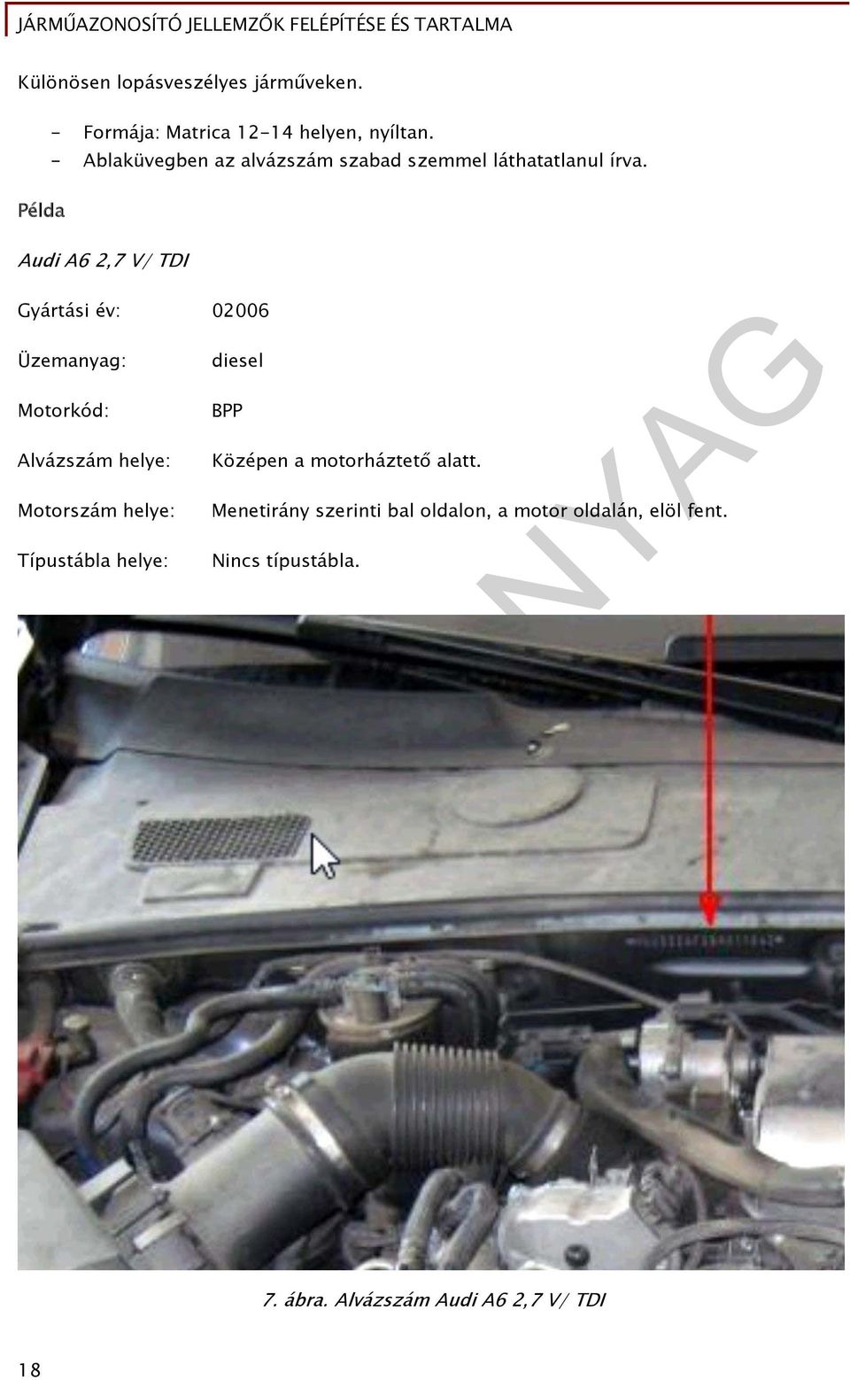 Audi A6 2,7 V/ TDI Gyártási év: 02006 Üzemanyag: Motorkód: Alvázszám helye: Motorszám helye: Típustábla