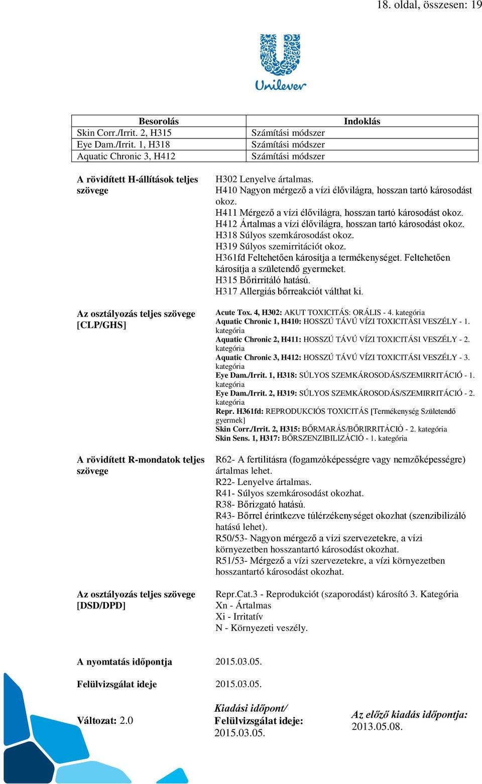 1, H318 Aquatic Chronic 3, H412 Számítási módszer Számítási módszer Számítási módszer Indoklás A rövidített H-állítások teljes szövege Az osztályozás teljes szövege [CLP/GHS] A rövidített R-mondatok