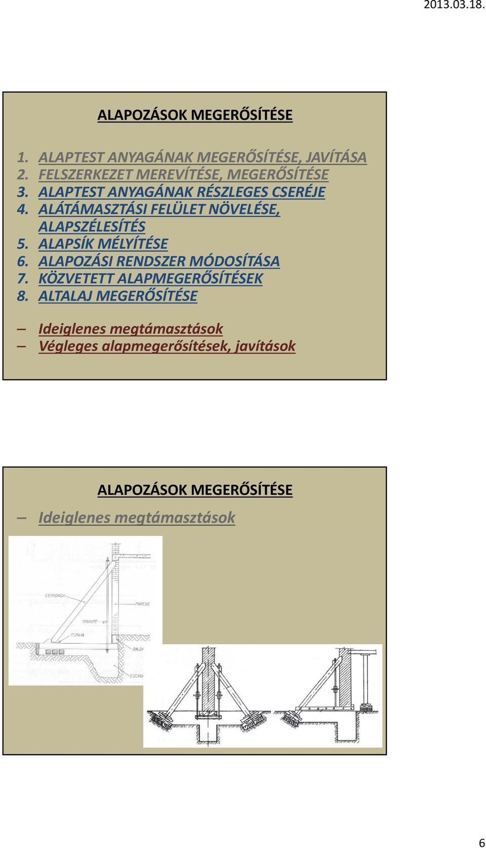 ALAPSÍK MÉLYÍTÉSE 6. ALAPOZÁSI RENDSZER MÓDOSÍTÁSA 7. KÖZVETETT ALAPMEGERŐSÍTÉSEK 8.