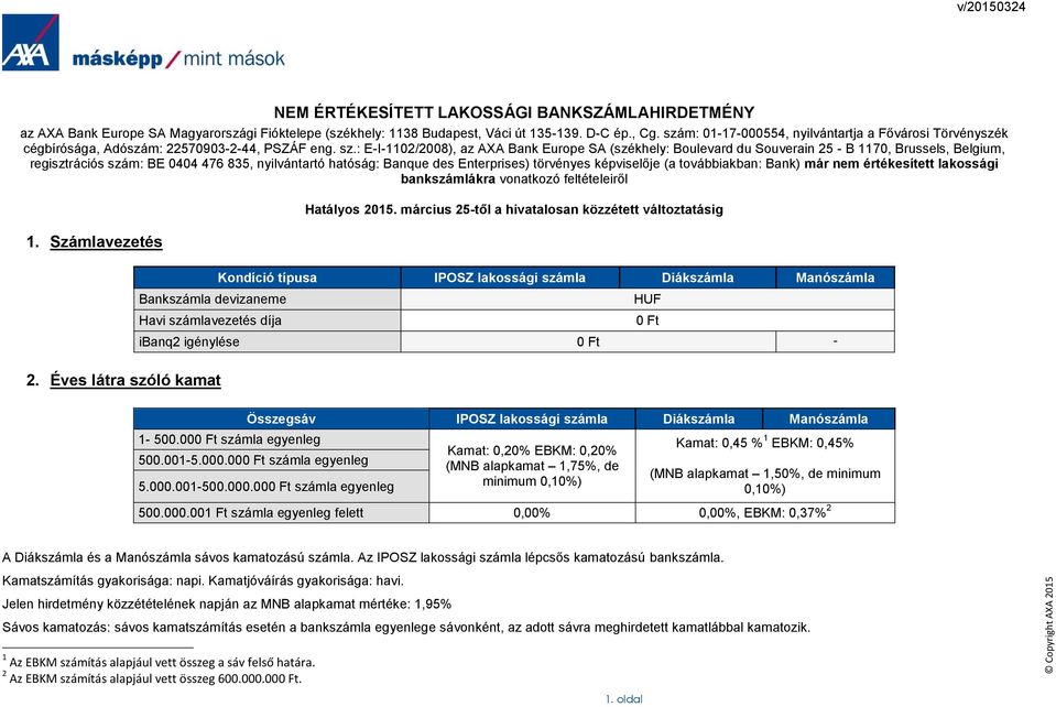 : E-I-1102/2008), az AXA Bank Europe SA (székhely: Boulevard du Souverain 25 - B 1170, Brussels, Belgium, regisztrációs szám: BE 0404 476 835, nyilvántartó hatóság: Banque des Enterprises) törvényes