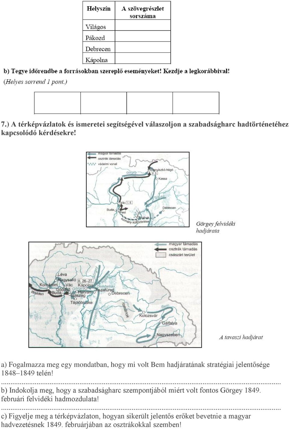 ... b) Indokolja meg, hogy a szabadságharc szempontjából miért volt fontos Görgey 1849. februári felvidéki hadmozdulata!