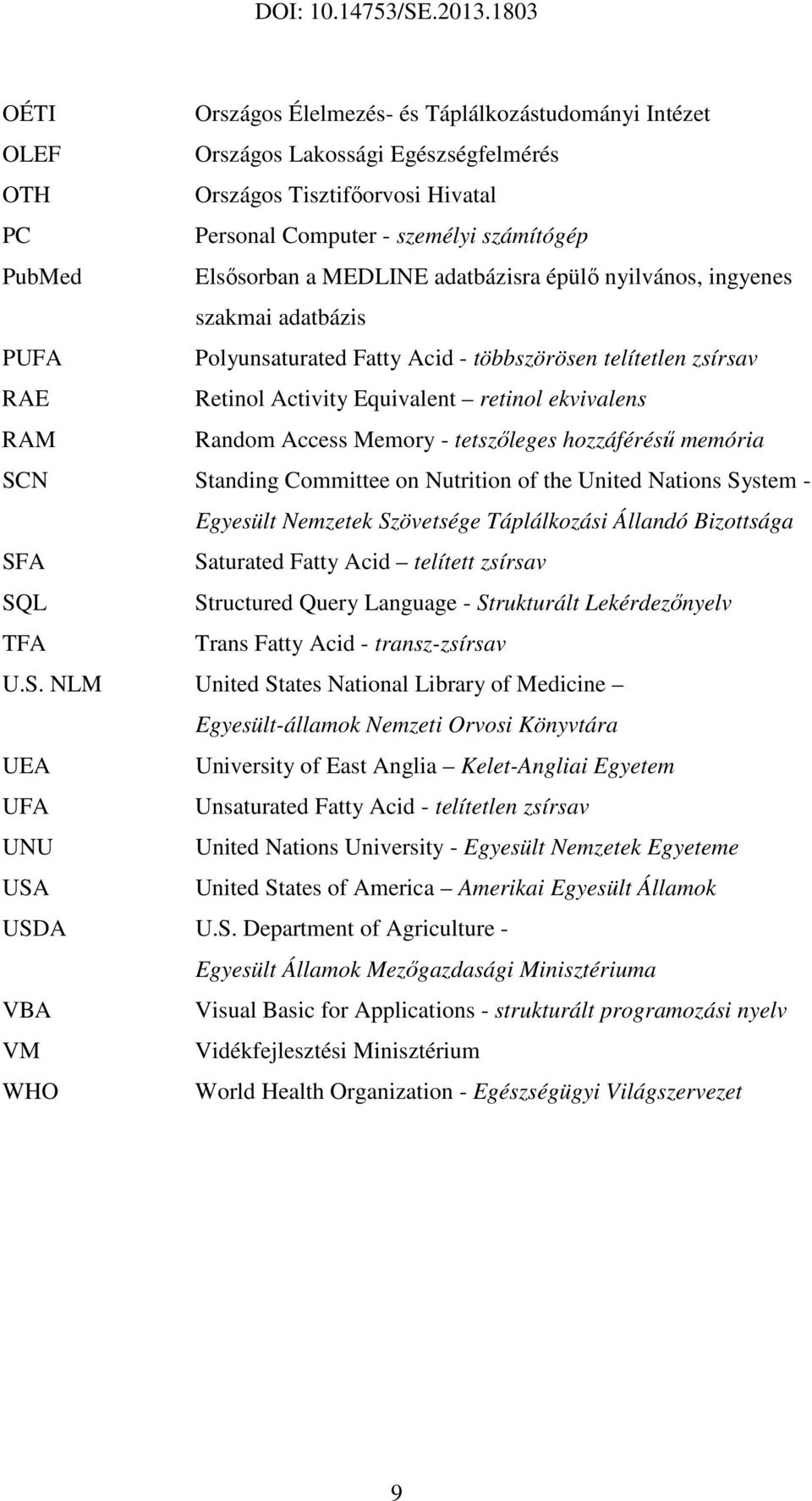Memory - tetszőleges hozzáférésű memória SCN Standing Committee on Nutrition of the United Nations System - Egyesült Nemzetek Szövetsége Táplálkozási Állandó Bizottsága SFA Saturated Fatty Acid