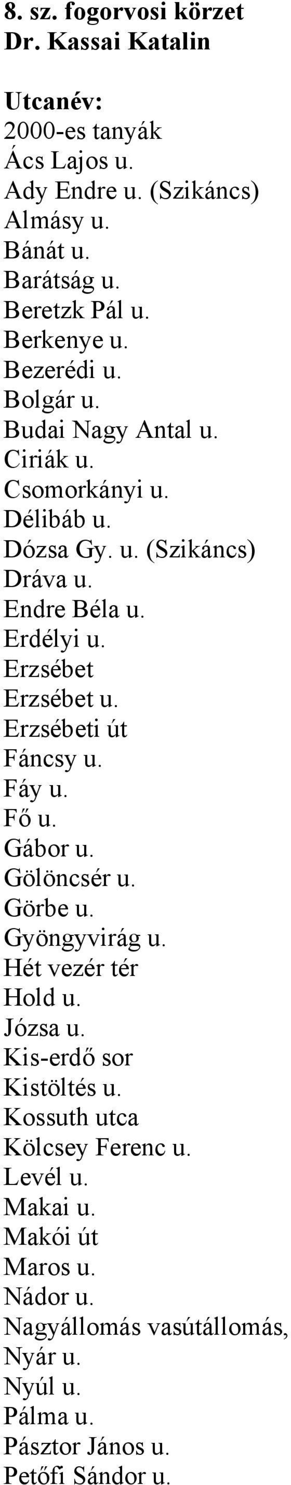 Erzsébet Erzsébet u. Erzsébeti út Fáncsy u. Fáy u. Fő u. Gábor u. Gölöncsér u. Görbe u. Gyöngyvirág u. Hét vezér tér Hold u. Józsa u.