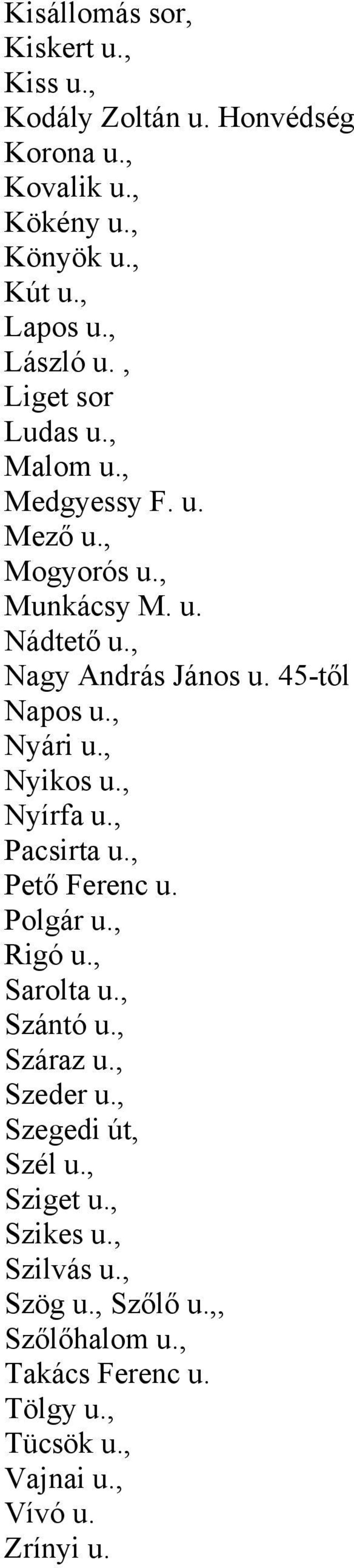 , Nyári u., Nyikos u., Nyírfa u., Pacsirta u., Pető Ferenc u. Polgár u., Rigó u., Sarolta u., Szántó u., Száraz u., Szeder u.