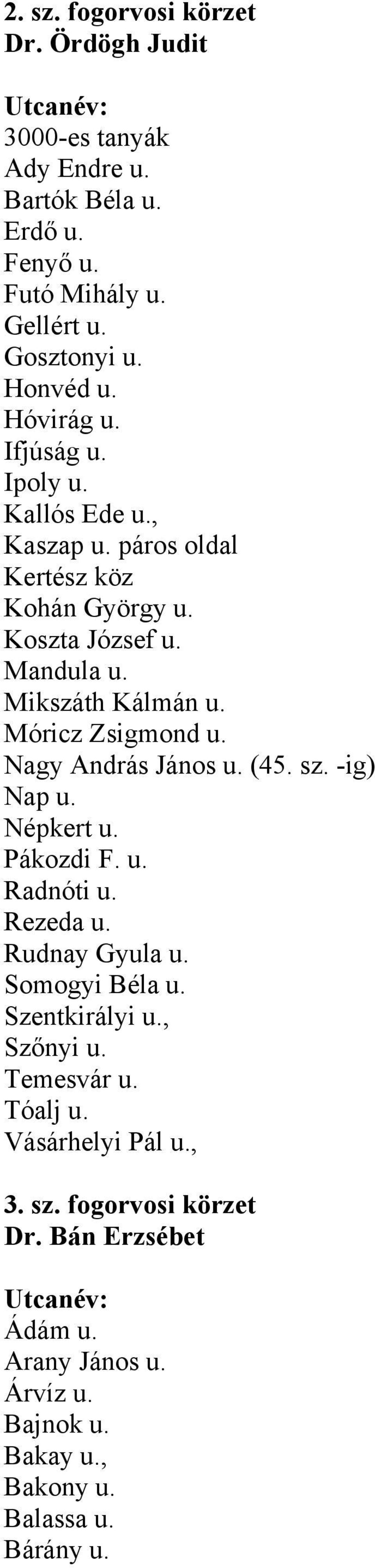 Móricz Zsigmond u. Nagy András János u. (45. sz. -ig) Nap u. Népkert u. Pákozdi F. u. Radnóti u. Rezeda u. Rudnay Gyula u. Somogyi Béla u. Szentkirályi u.