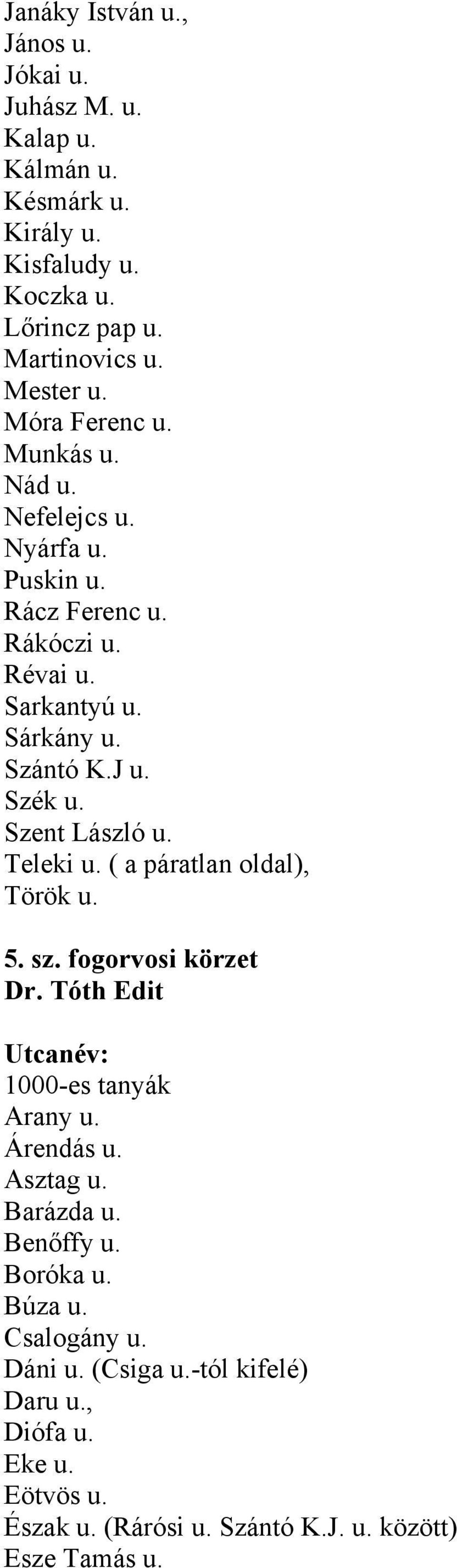 Szent László u. Teleki u. ( a páratlan oldal), Török u. 5. sz. fogorvosi körzet Dr. Tóth Edit 1000-es tanyák Arany u. Árendás u. Asztag u. Barázda u.