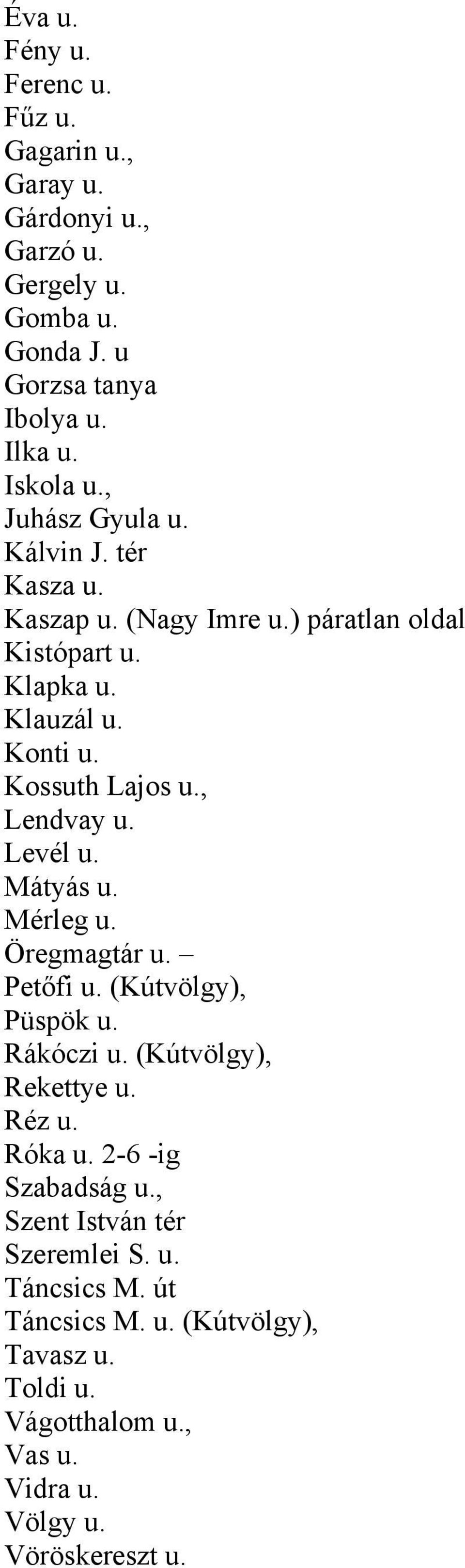 , Lendvay u. Levél u. Mátyás u. Mérleg u. Öregmagtár u. Petőfi u. (Kútvölgy), Püspök u. Rákóczi u. (Kútvölgy), Rekettye u. Réz u. Róka u.