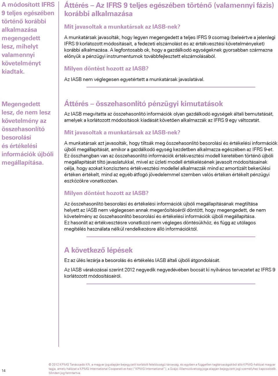 A munkatársak javasolták, hogy legyen megengedett a teljes IFRS 9 csomag (beleértve a jelenlegi IFRS 9 korlátozott módosításait, a fedezeti elszámolást és az értékvesztési követelményeket) korábbi