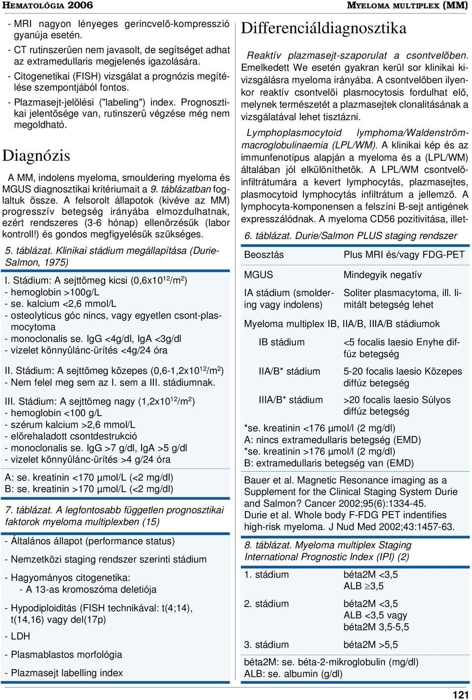 Diagnózis A MM, indolens myeloma, smouldering myeloma és MGUS diagnosztikai kritériumait a 9. táblázatban foglaltuk össze.