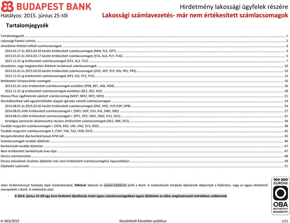 .. 7 Jövedelem, vagy megtakarítási feltételt tartalmazó számlacsomagok... 10 2013.01.01 és 2015.03.02 között értékesített számlacsomagok (OVE, KEP, PLP, KIN, PR1, PR2)... 10 2012.