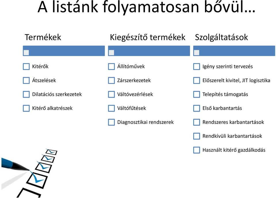 Diagnosztikai rendszerek Igény szerinti tervezés Előszerelt kivitel, JIT logisztika Telepítés