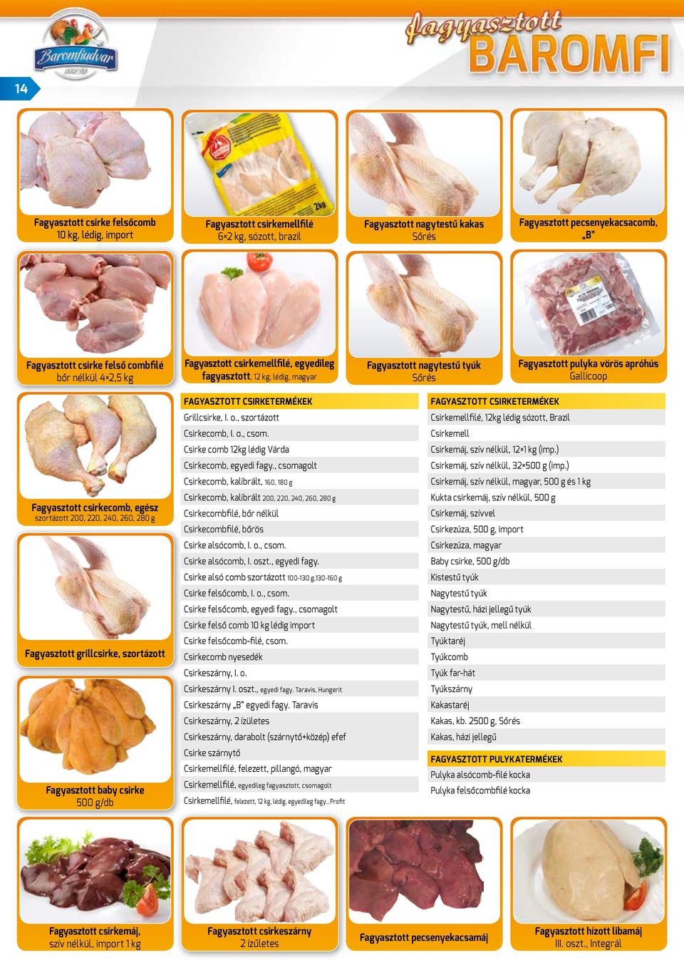 szortázott 200, 220, 240, 260, 280 g Fagyasztott grillcsirke, szortázott Fagyasztott baby csirke 500 g/db FAGYASZTOTT CSIRKETERMÉKEK Grillcsirke, I. o., szortázott Csirkecomb, I. o., csom.