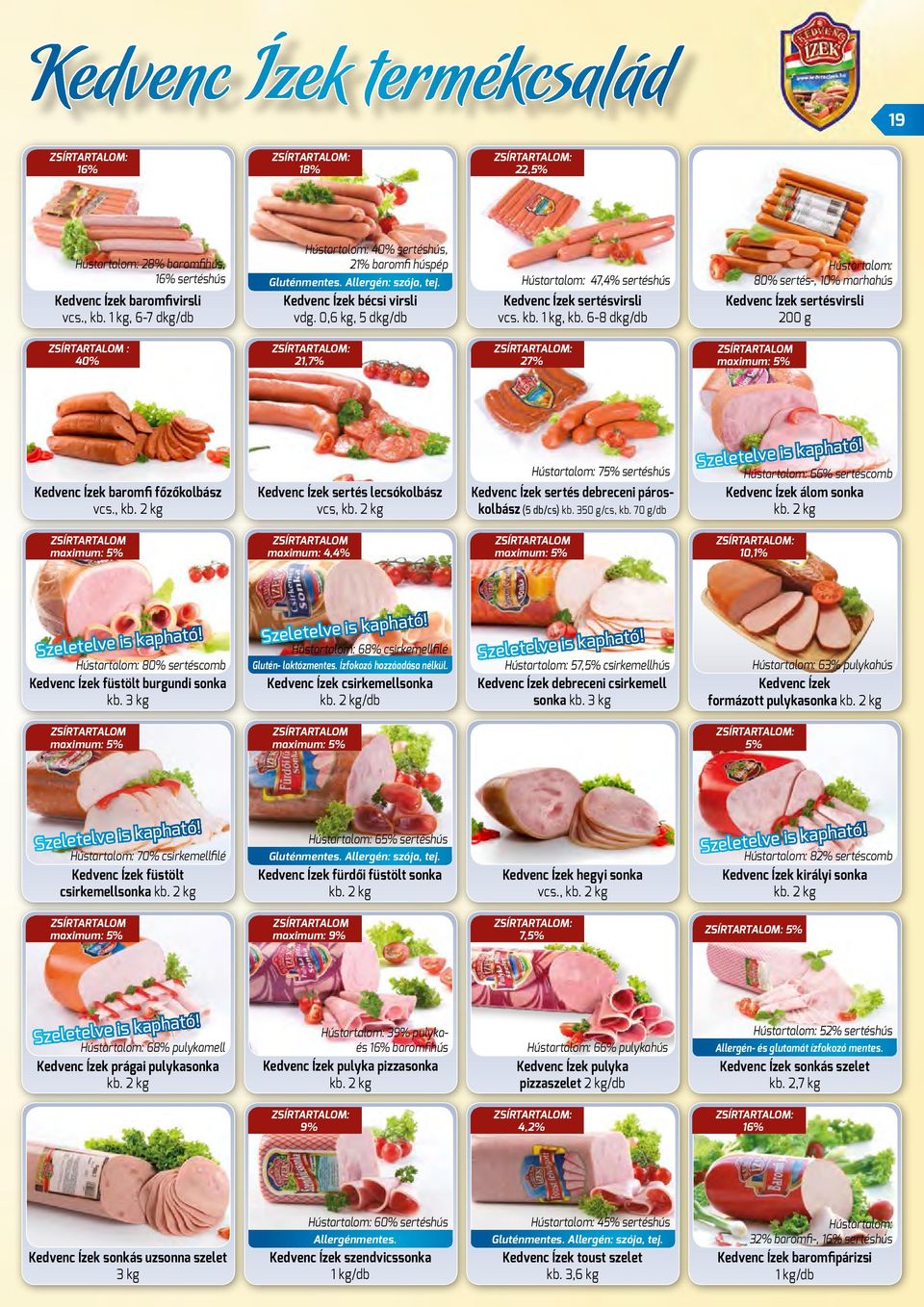 6-8 dkg/db Hústartalom: 80% sertés-, 10% marhahús Kedvenc Ízek sertésvirsli 200 g ZSÍRTARTALOM : 40% 21,7% 27% ZSÍRTARTALOM maximum: 5% Kedvenc Ízek baromfi főzőkolbász vcs., kb.