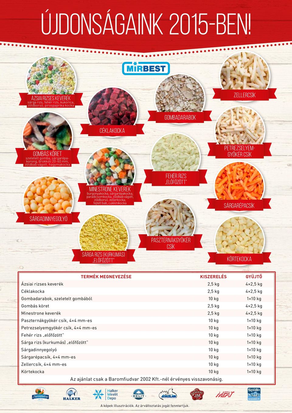 vágott, hagymakocka petrezselyemgyökér csík Minestrone keverék burgonyakocka, sárgarépakocka, paradicsomkocka, zöldbab vágott, zöldborsó, zellerkocka, fejtett bab, cukkinikocka Fehér Rizs előfőzött