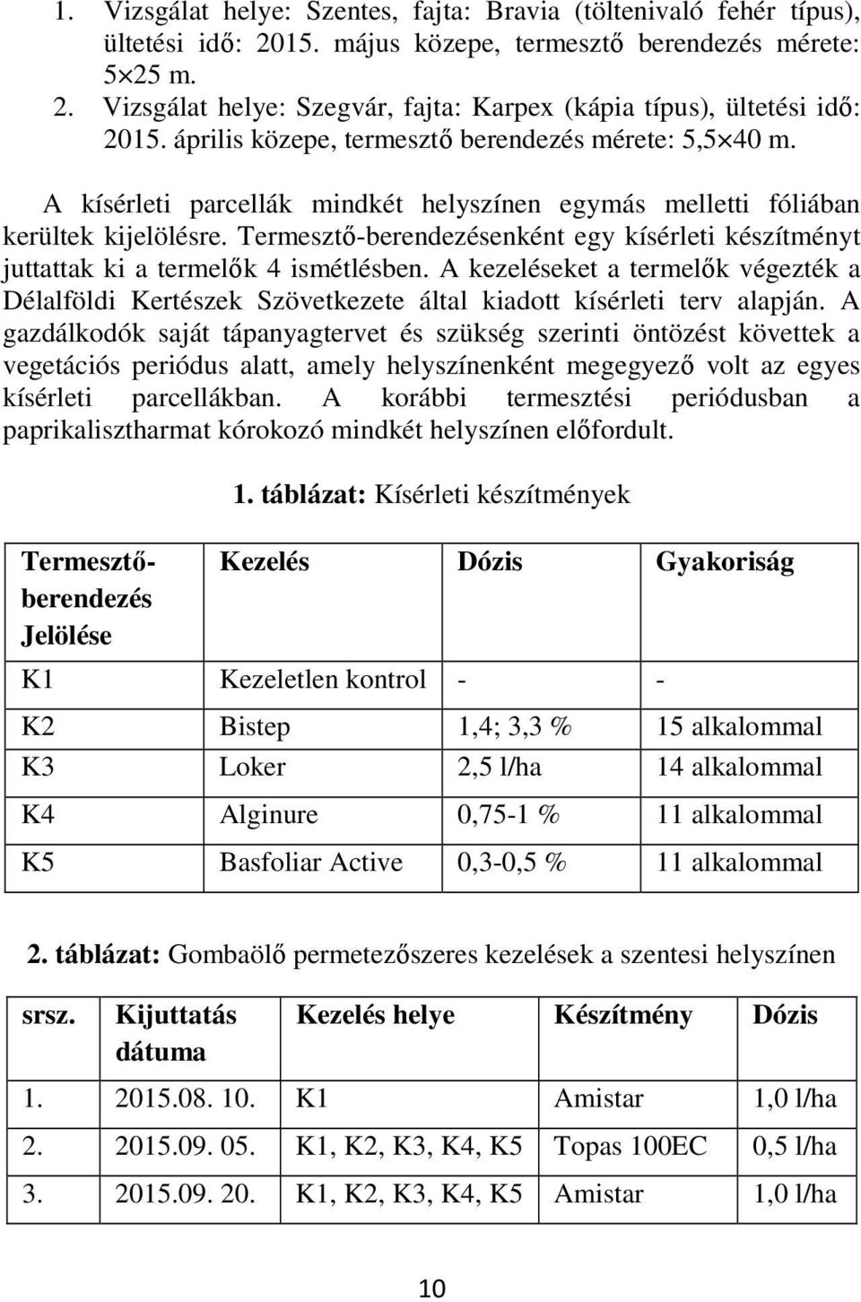 Termesztő-berendezésenként egy kísérleti készítményt juttattak ki a termelők 4 ismétlésben. A kezeléseket a termelők végezték a Délalföldi Kertészek Szövetkezete által kiadott kísérleti terv alapján.