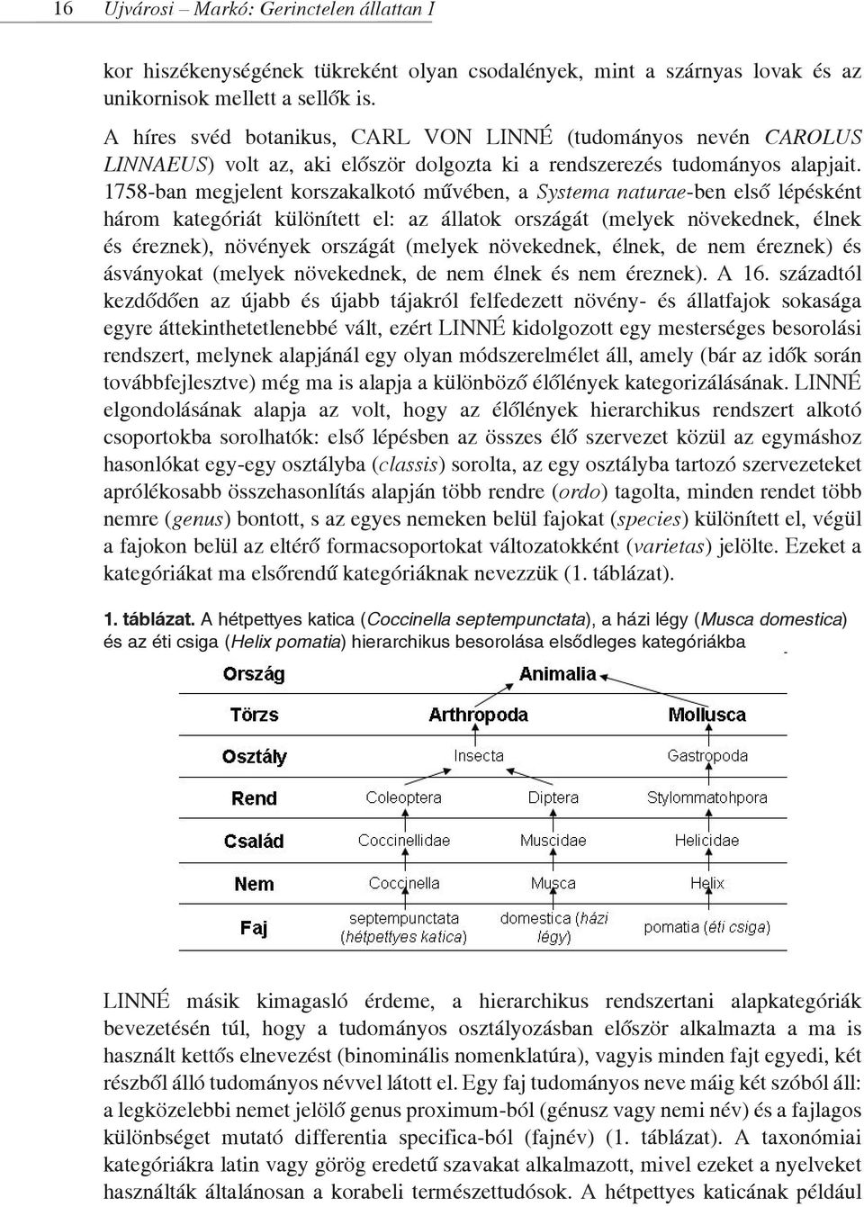 1758-ban megjelent korszakalkotó művében, a Systema naturae-ben első lépésként három kategóriát különített el: az állatok országát (melyek növekednek, élnek és éreznek), növények országát (melyek