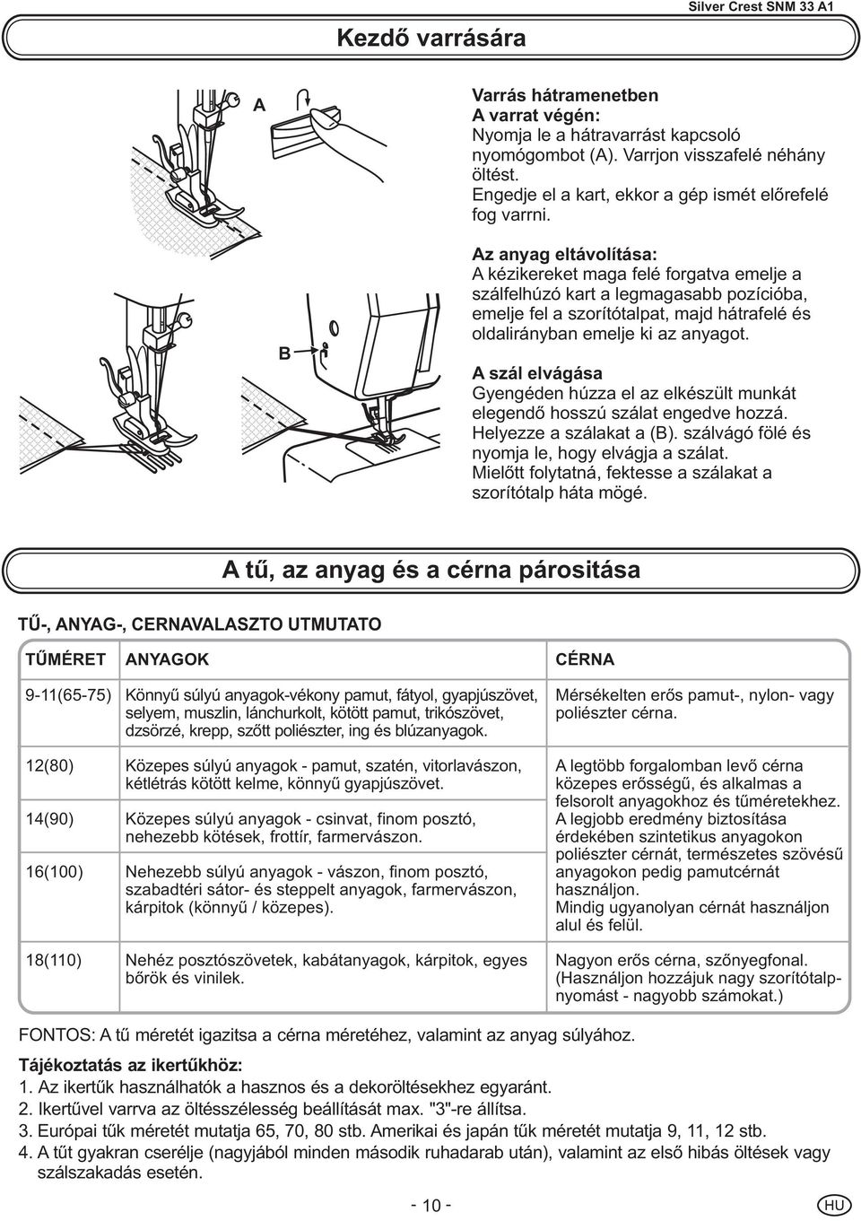 B Az anyag eltávolítása: A kézikereket maga felé forgatva emelje a szálfelhúzó kart a legmagasabb pozícióba, emelje fel a szorítótalpat, majd hátrafelé és oldalirányban emelje ki az anyagot.