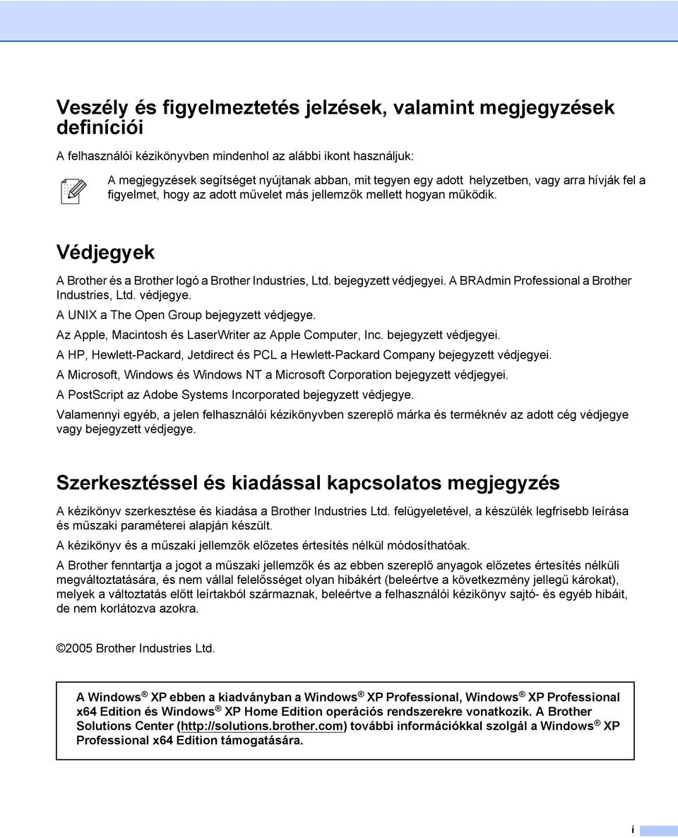 A BRAdmin Professional a Brother Industries, Ltd. védjegye. A UNIX a The Open Group bejegyzett védjegye. Az Apple, Macintosh és LaserWriter az Apple Computer, Inc. bejegyzett védjegyei.
