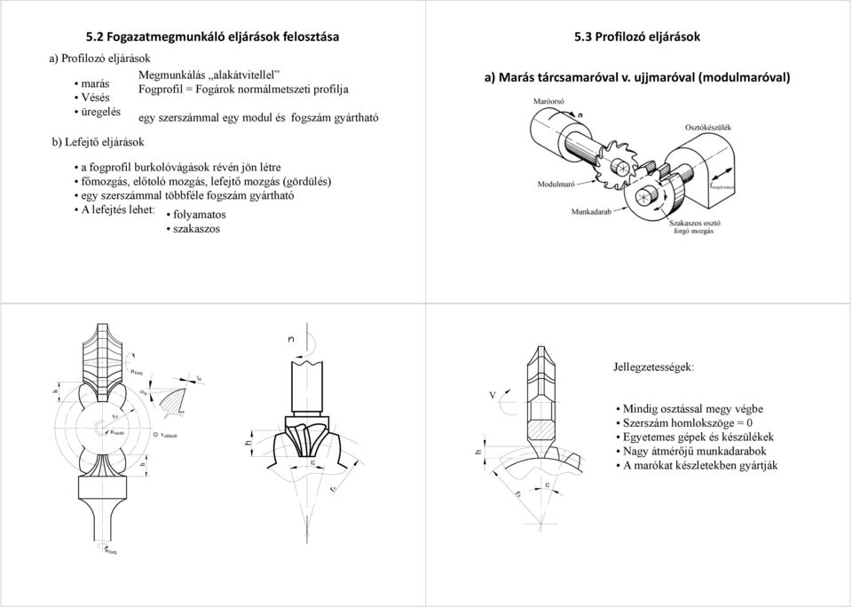 ujjmaróval (modulmaróval) b) Lefejtő eljárások a fogprofil burkolóvágások révén jön létre főmozgás, előtoló mozgás, lefejtő mozgás (gördülés) egy szerszámmal többféle fogszám