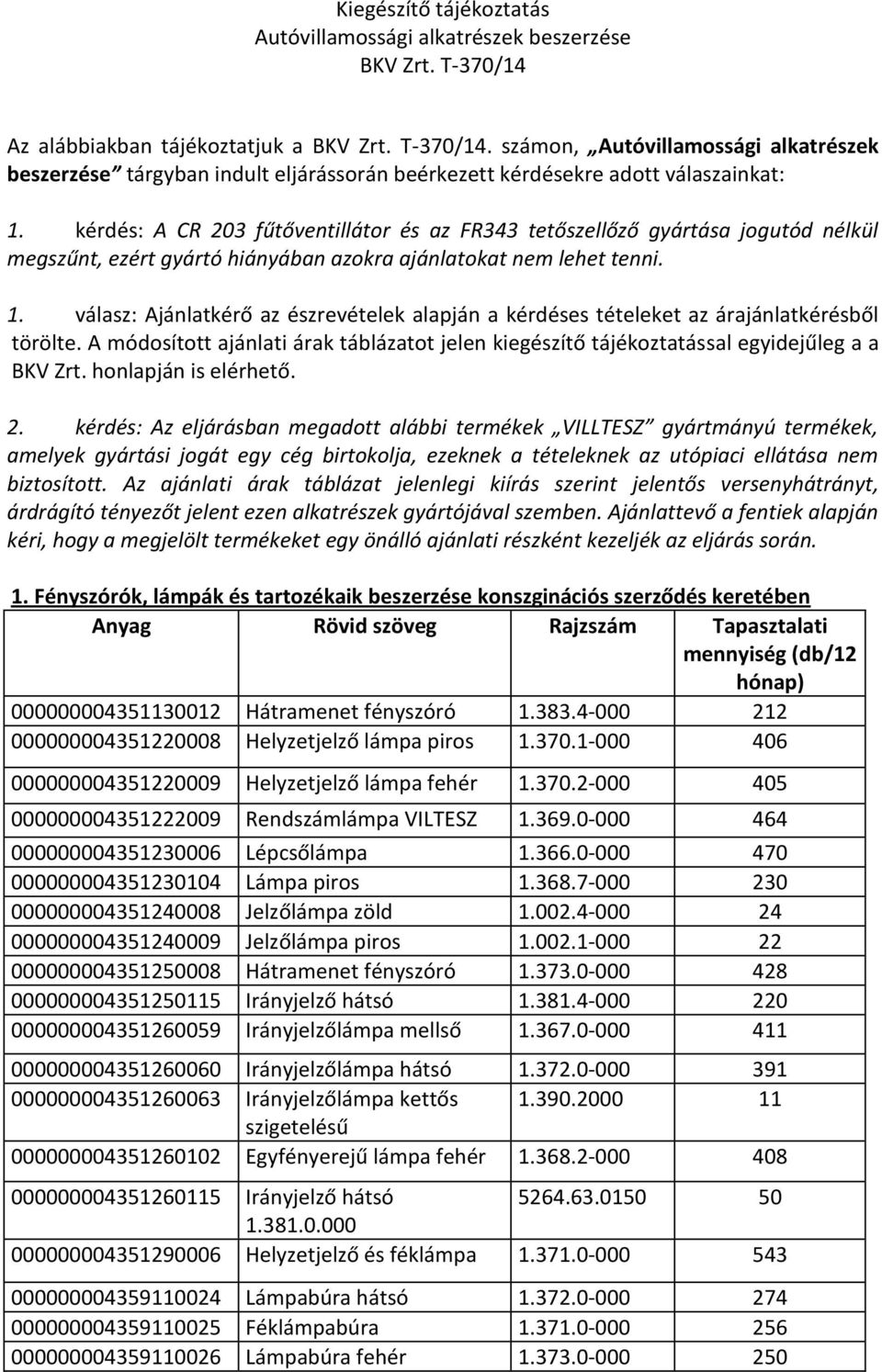 válasz: Ajánlatkérő az észrevételek alapján a kérdéses tételeket az árajánlatkérésből törölte. A módosított ajánlati árak táblázatot jelen kiegészítő tájékoztatással egyidejűleg a a BKV Zrt.