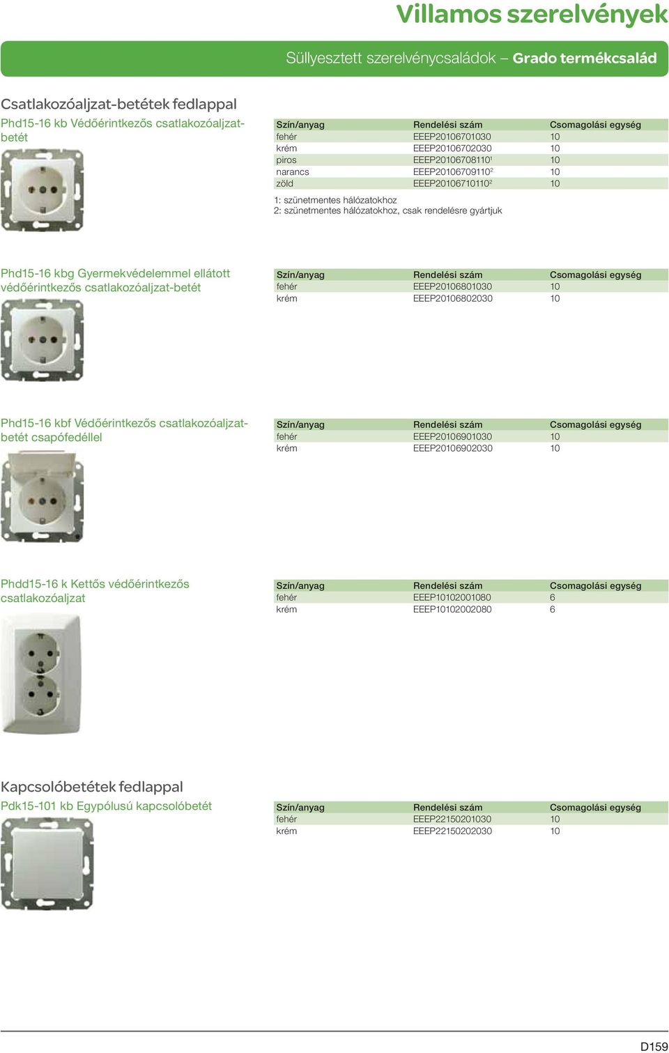 fehér EEEP20106801030 10 krém EEEP20106802030 10 Phd15-16 kbf Védőérintkezős csatlakozóaljzatbetét csapófedéllel fehér EEEP20106901030 10 krém EEEP20106902030 10 Phdd15-16 k Kettős
