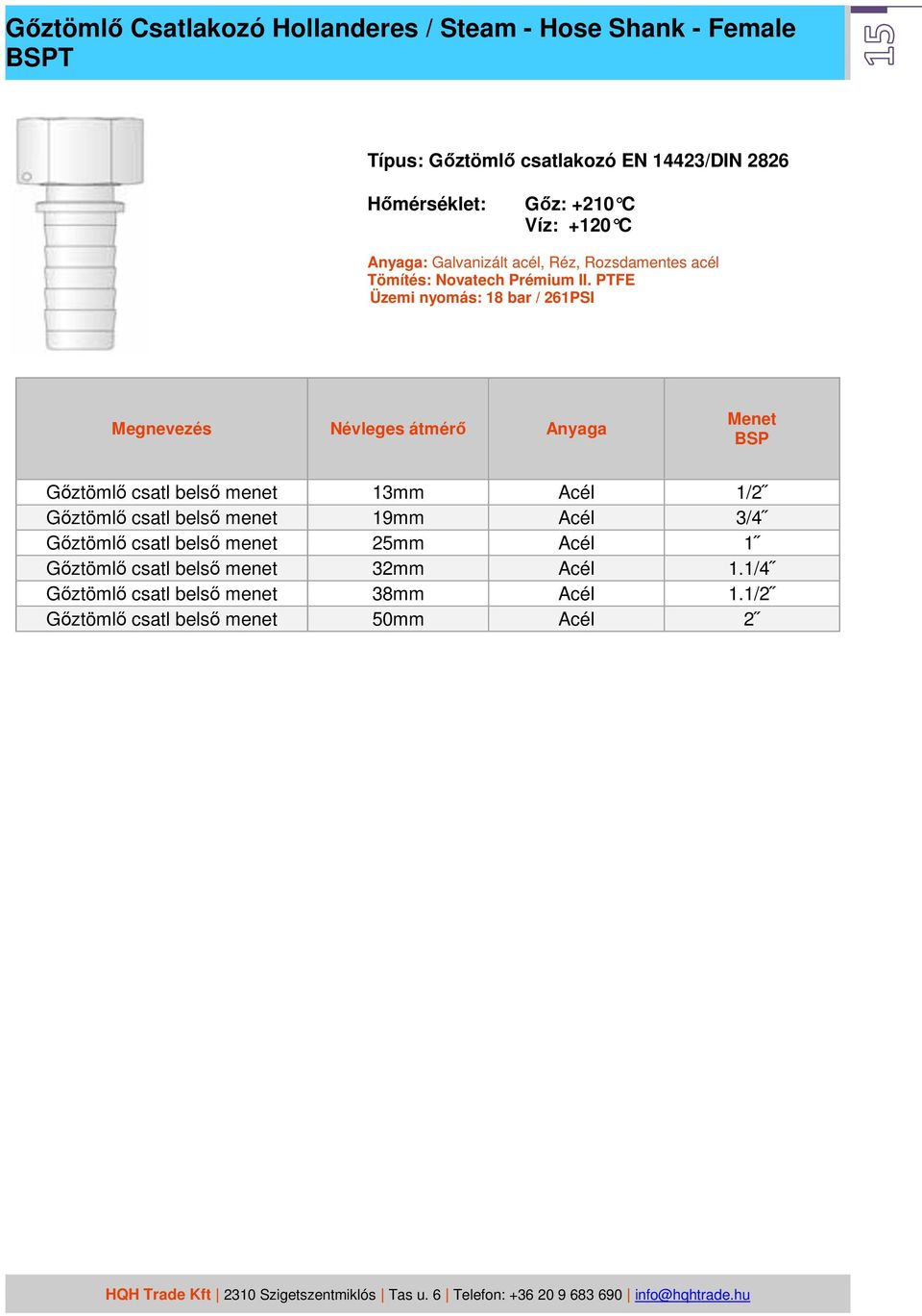 PTFE Üzemi nyomás: 18 bar / 261PSI Megnevezés Névleges átmérő Anyaga Menet BSP Gőztömlő csatl belső menet 13mm Acél 1/2 Gőztömlő csatl