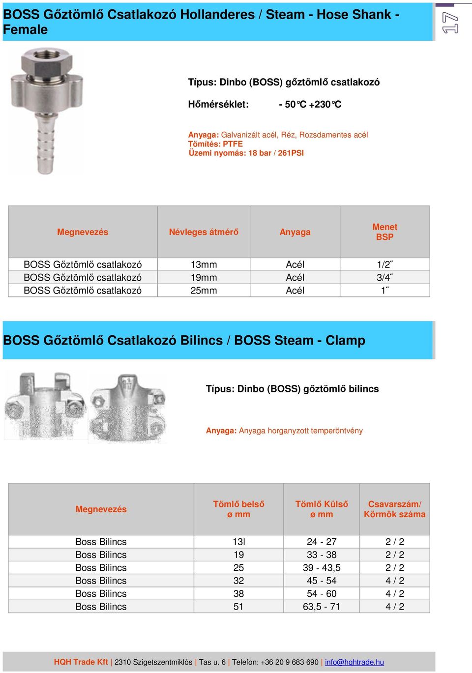 csatlakozó 25mm Acél 1 BOSS Gőztömlő Csatlakozó Bilincs / BOSS Steam - Clamp Típus: Dinbo (BOSS) gőztömlő bilincs Anyaga: Anyaga horganyzott temperöntvény Megnevezés Tömlő belső ø mm Tömlő