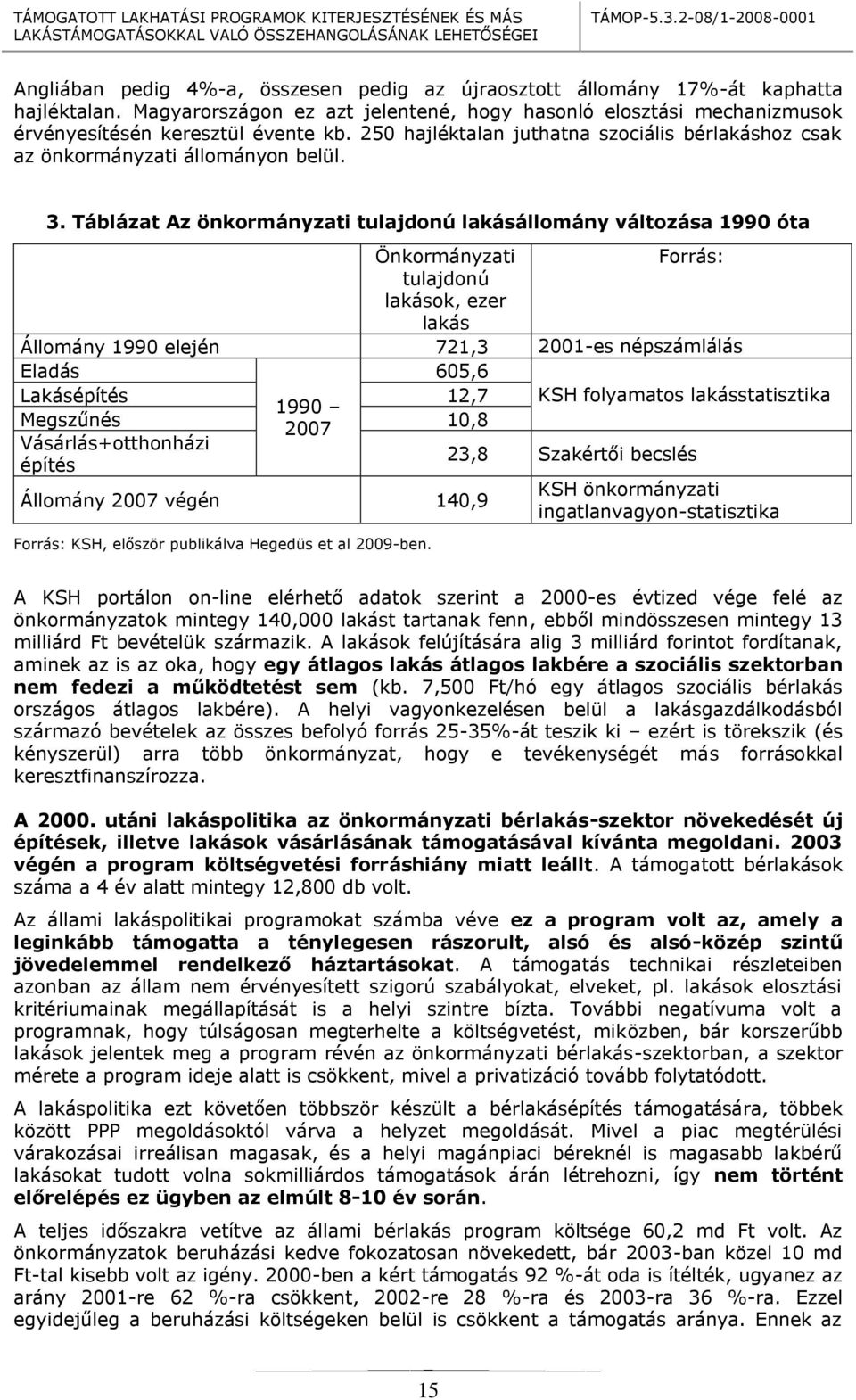 Táblázat Az önkormányzati tulajdonú lakásállomány változása 1990 óta Önkormányzati Forrás: tulajdonú lakások, ezer lakás Állomány 1990 elején 721,3 2001-es népszámlálás Eladás 605,6 Lakásépítés 12,7