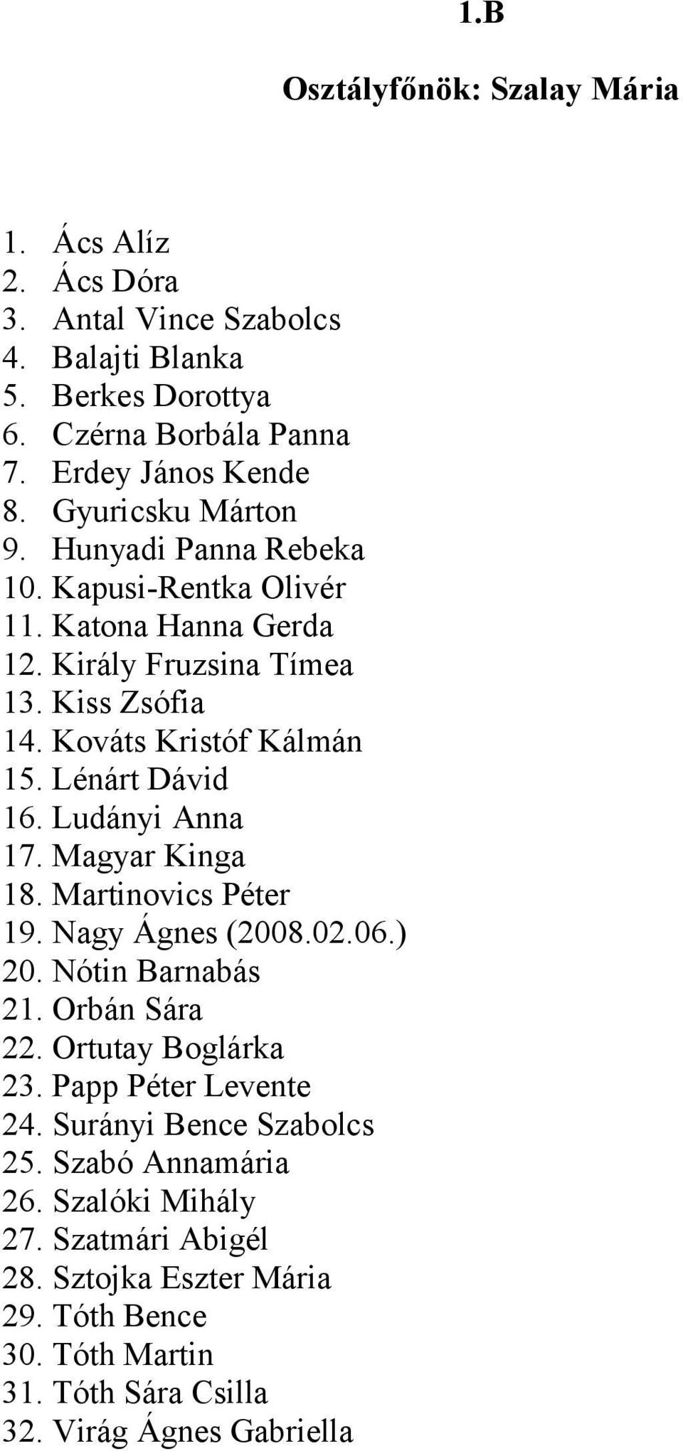 Lénárt Dávid 16. Ludányi Anna 17. Magyar Kinga 18. Martinovics Péter 19. Nagy Ágnes (2008.02.06.) 20. Nótin Barnabás 21. Orbán Sára 22. Ortutay Boglárka 23.