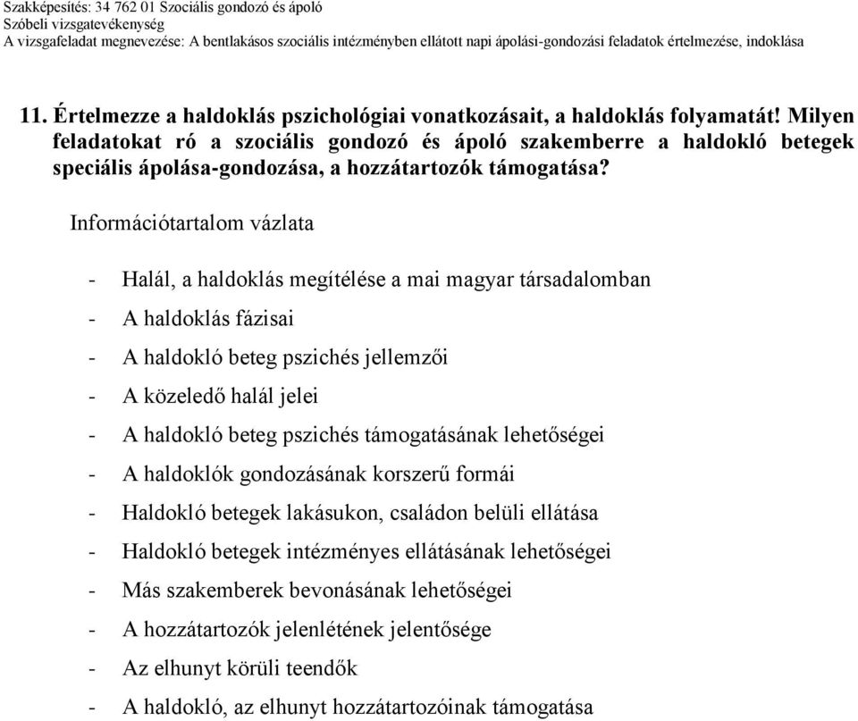 Információtartalom vázlata - Halál, a haldoklás megítélése a mai magyar társadalomban - A haldoklás fázisai - A haldokló beteg pszichés jellemzői - A közeledő halál jelei - A haldokló beteg