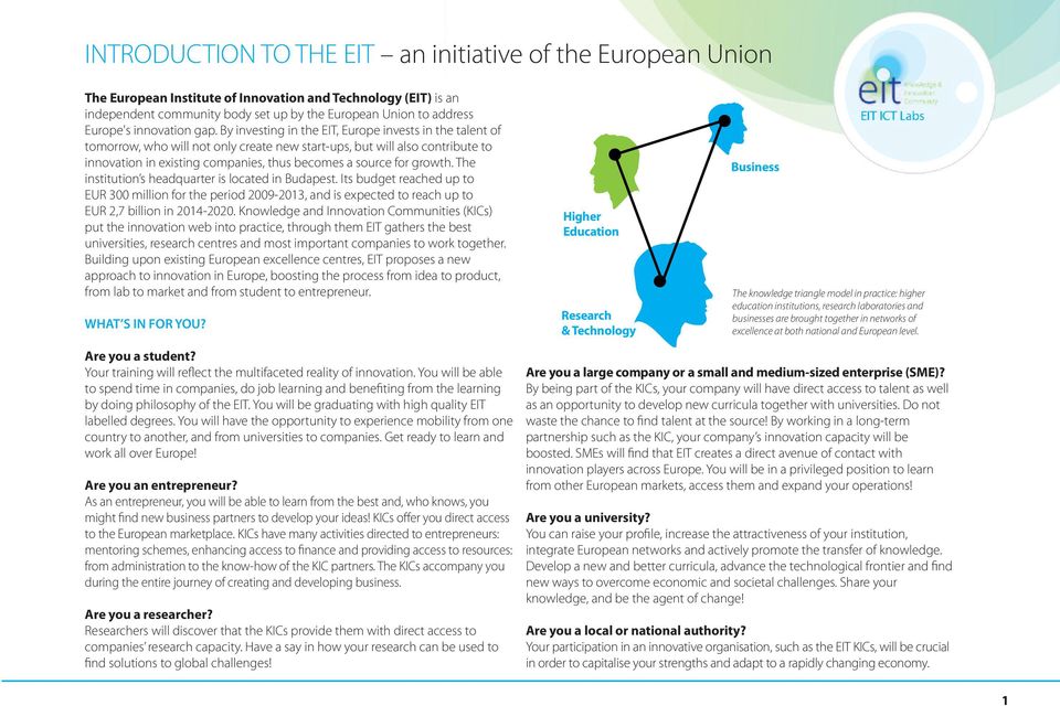 by investing in the eit, europe invests in the talent of tomorrow, who will not only create new start-ups, but will also contribute to innovation in existing companies, thus becomes a source for