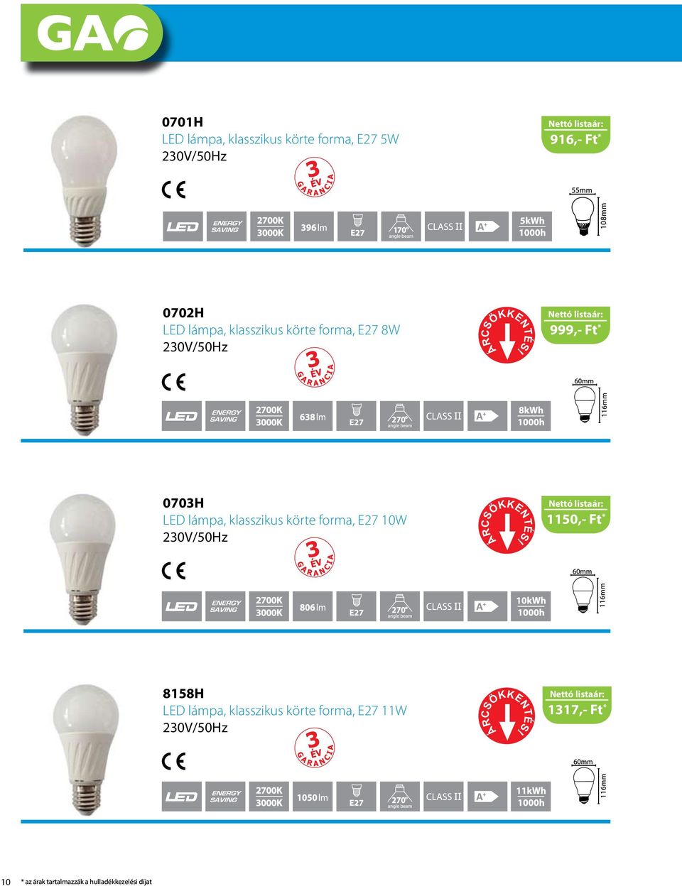 klasszikus körte forma, E27 10W 1150,- Ft * 8158H LED lámpa, klasszikus