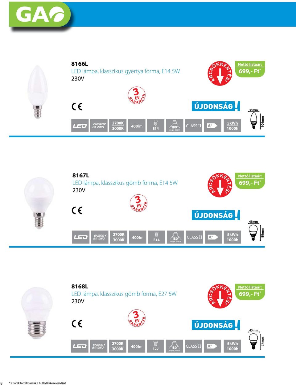 699,- Ft * 8168L LED lámpa, klasszikus gömb forma, E27 5W