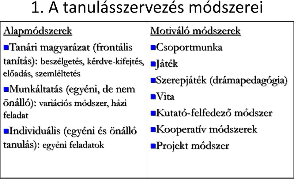 feladat Individuális (egyéni és önálló tanulás): egyéni feladatok Motiváló módszerek Csoportmunka