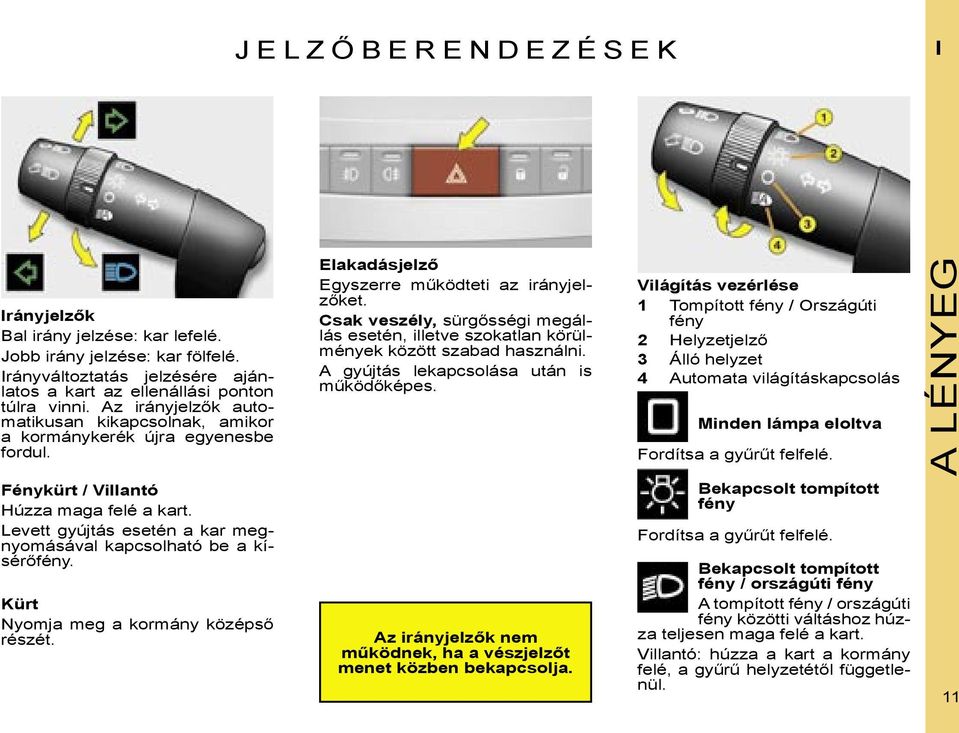 Levett gyújtás esetén a kar megnyomásával kapcsolható be a kísérőfény. Kürt Nyomja meg a kormány középső részét. Elakadásjelző Egyszerre működteti az irányjelzőket.